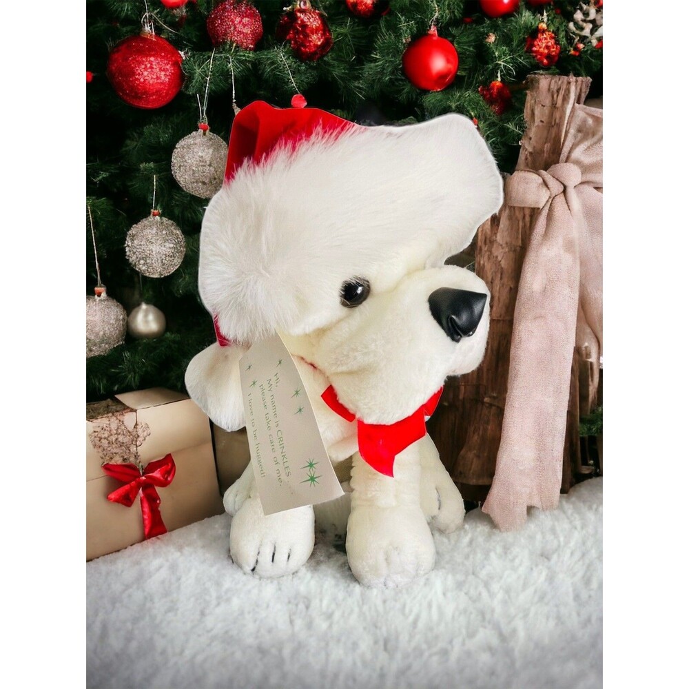 Vtg Crinkles Christmas Dog 12" Plush Santa Hat 1985 Prestige Korea Tag Gift